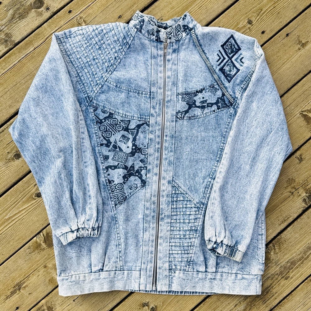Vintage 80s Acid Wash Denim Jacket Southwestern Western Zip Geometric USA M